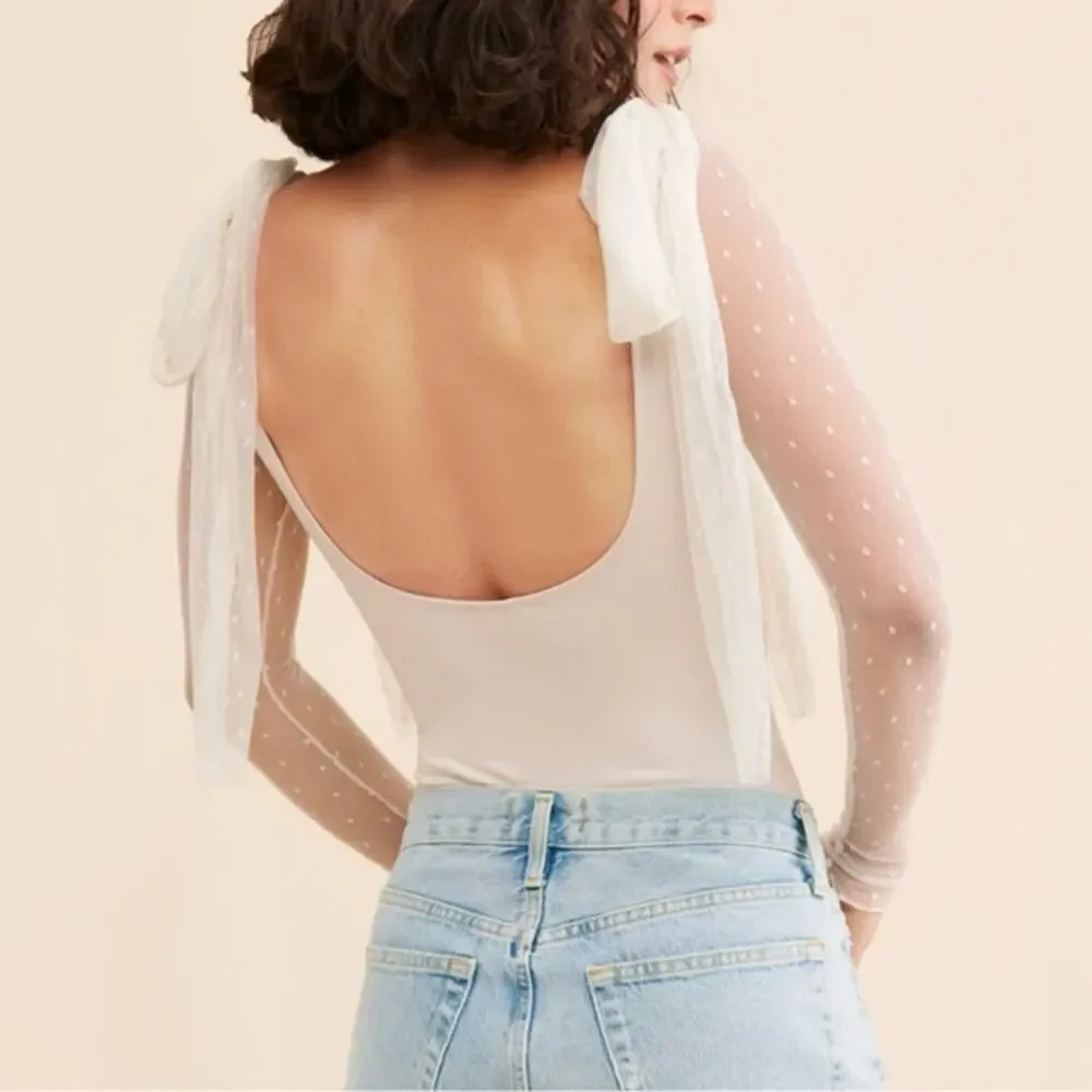 Free People TongueTied Mesh Lace Sleeve Tie Shoulder Bodysuit Ivory Size Medium
